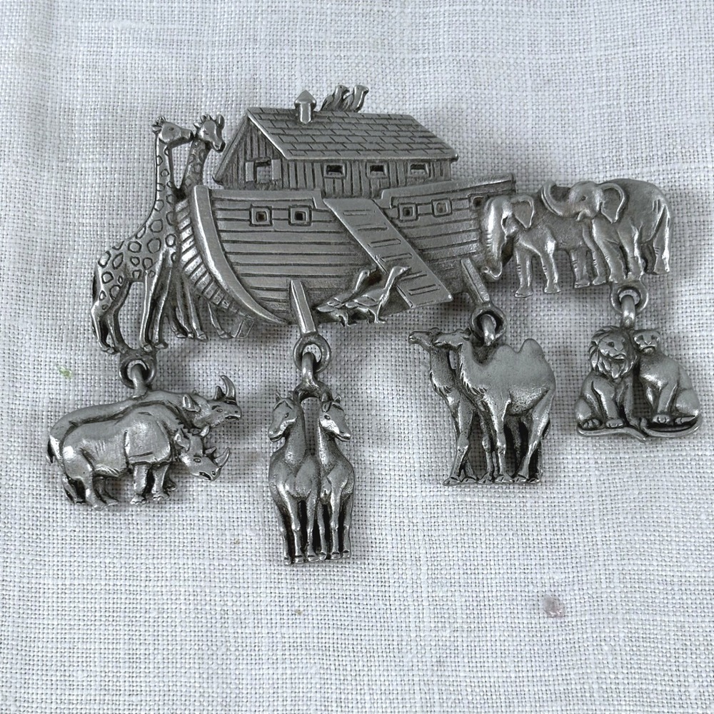 Jonette Jewelry Vintage Noahs Ark Pewter Dangle Brooch